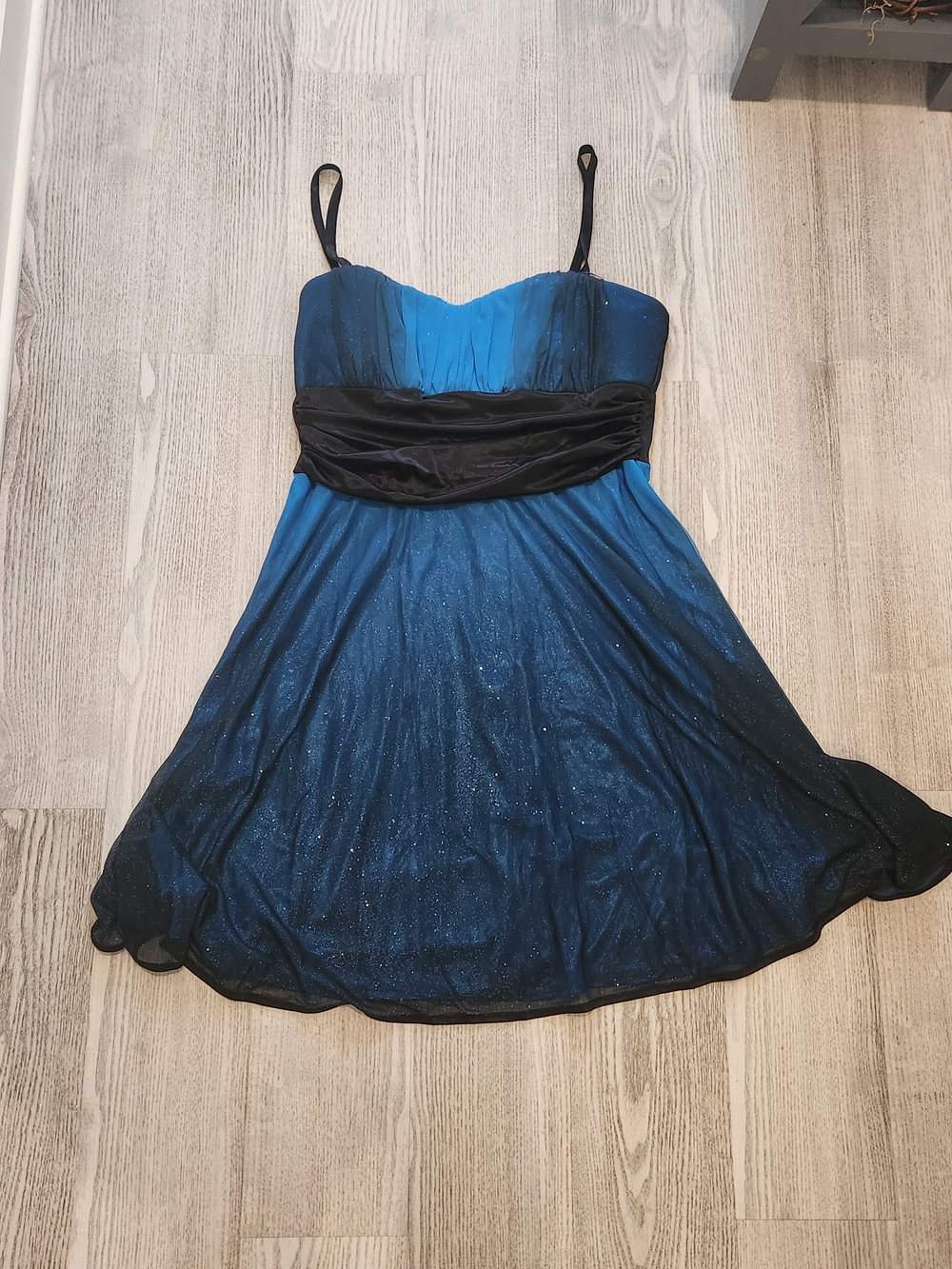 Blue Ombre Sparkle A-Line Dress with Black Waistband